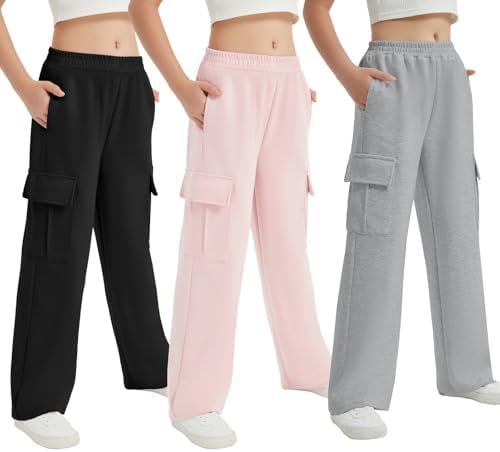 EXARUS Girls Cargo Wide Leg Sweatpants Elastic Waist