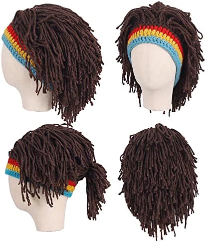 Men Knit Hat With Hair Funny Handmade Beanie for Halloween