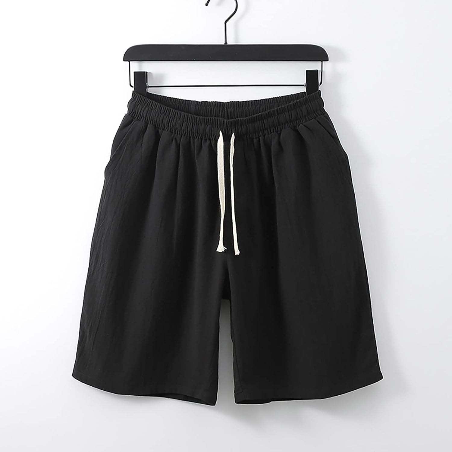 Mens Casual Cotton Linen Shorts Drawstring Elastic Waist Beach Shorts