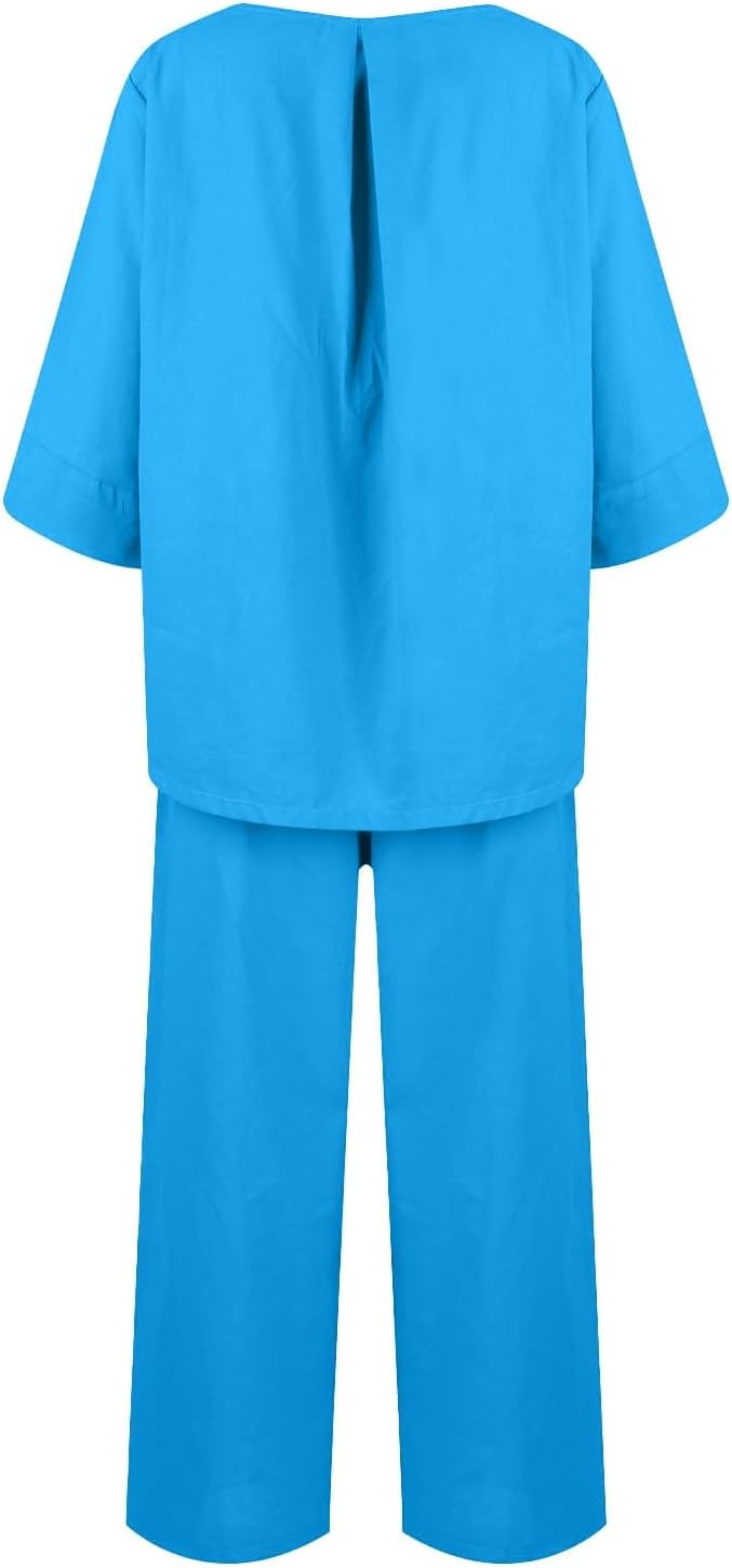Summer Women 2 Piece Linen Set with Loose Pants