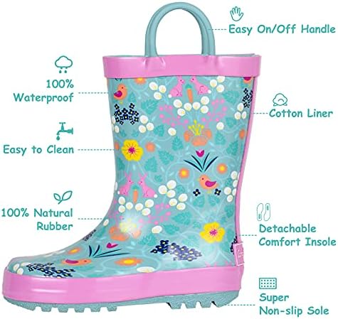 Landchief Toddler Rain Boots with Fun Patterns and Easy-On Handles