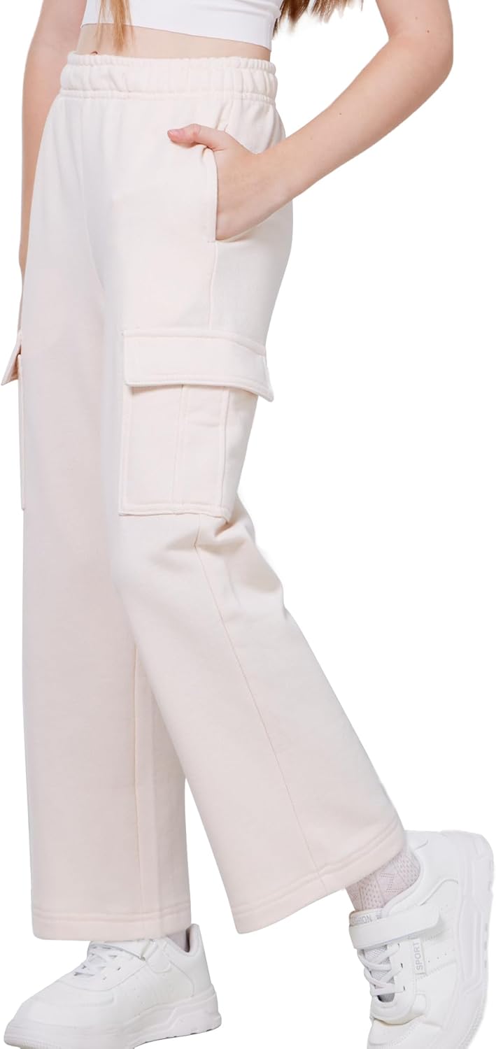 WULFUL Girls Wide Leg Fleece-Lined Cargo Sweatpants