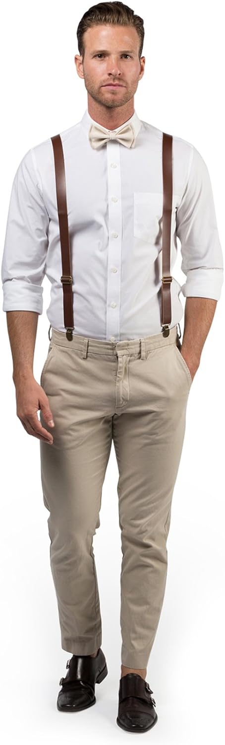 Armoniia Brown PU Leather Suspenders Bow Tie Combo