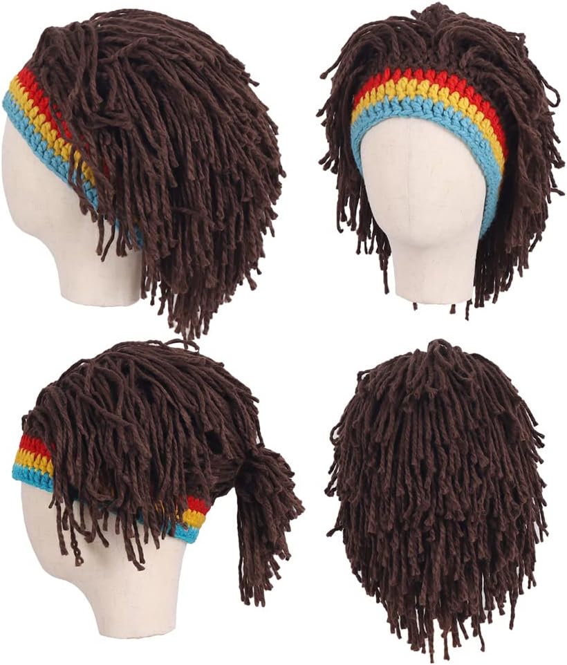 Men Knit Hat With Hair Funny Handmade Beanie for Halloween