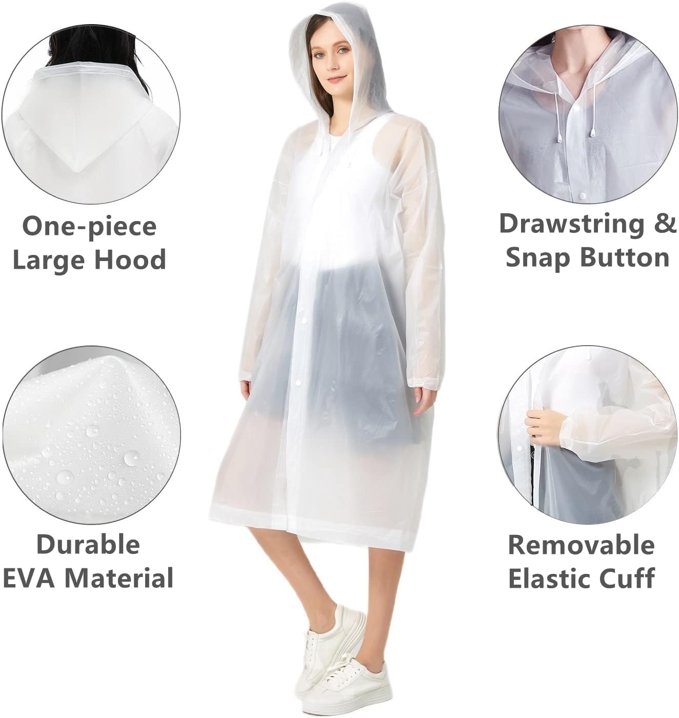 Reusable premium EVA rain ponchos for adults 5-pack