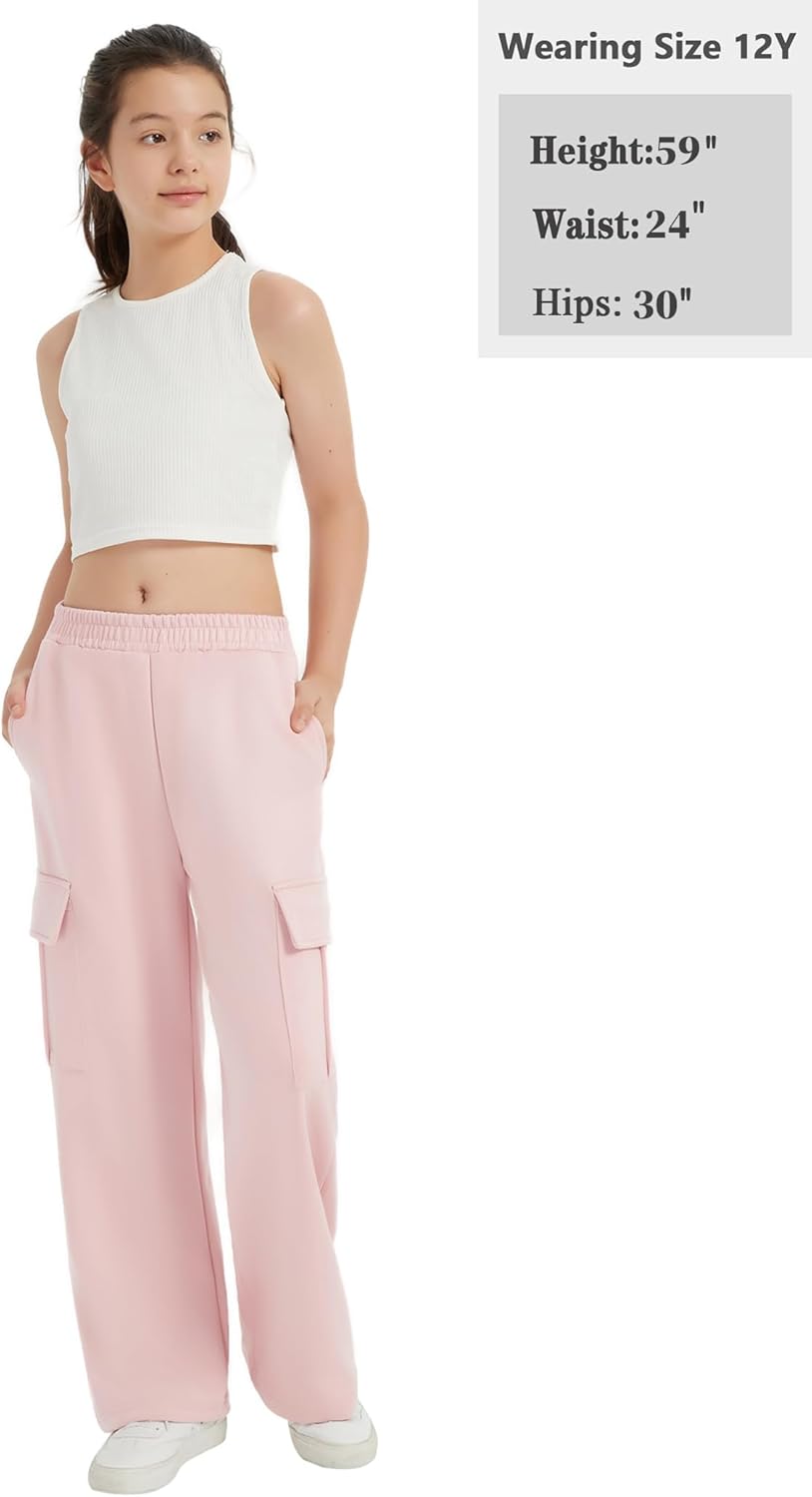 EXARUS Girls Cargo Wide Leg Sweatpants Elastic Waist