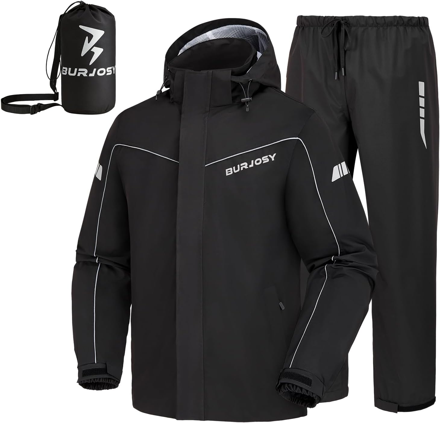 Packable Waterproof Reflective Rain Jacket and Pants for Men