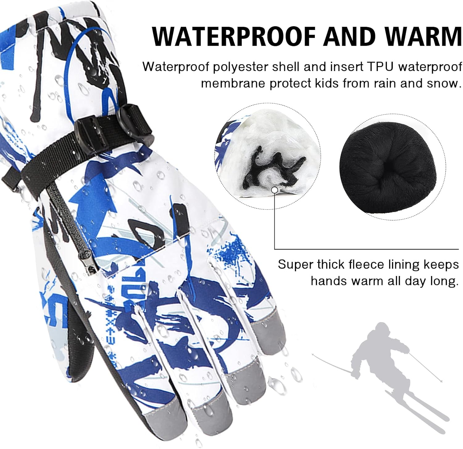 American Trends Kids Waterproof Ski Gloves with Zip Pocket Touchscreen Snowboard Gloves