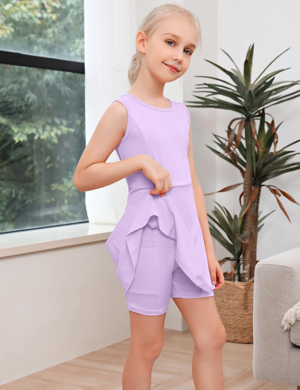 Girls Sleeveless Tennis Golf Sport Dress Set with Skirt and Shorts