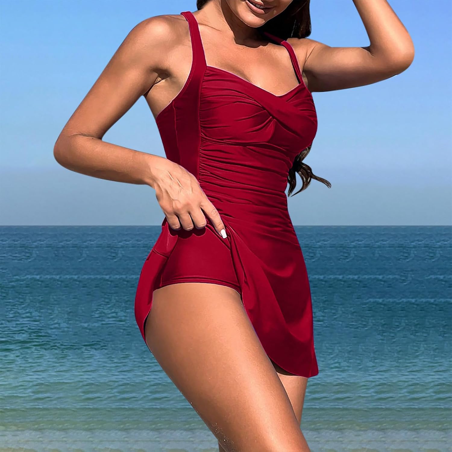 Adjustable Ruched Swimwear - Modest Womens Swimdress with One-Piece Debate