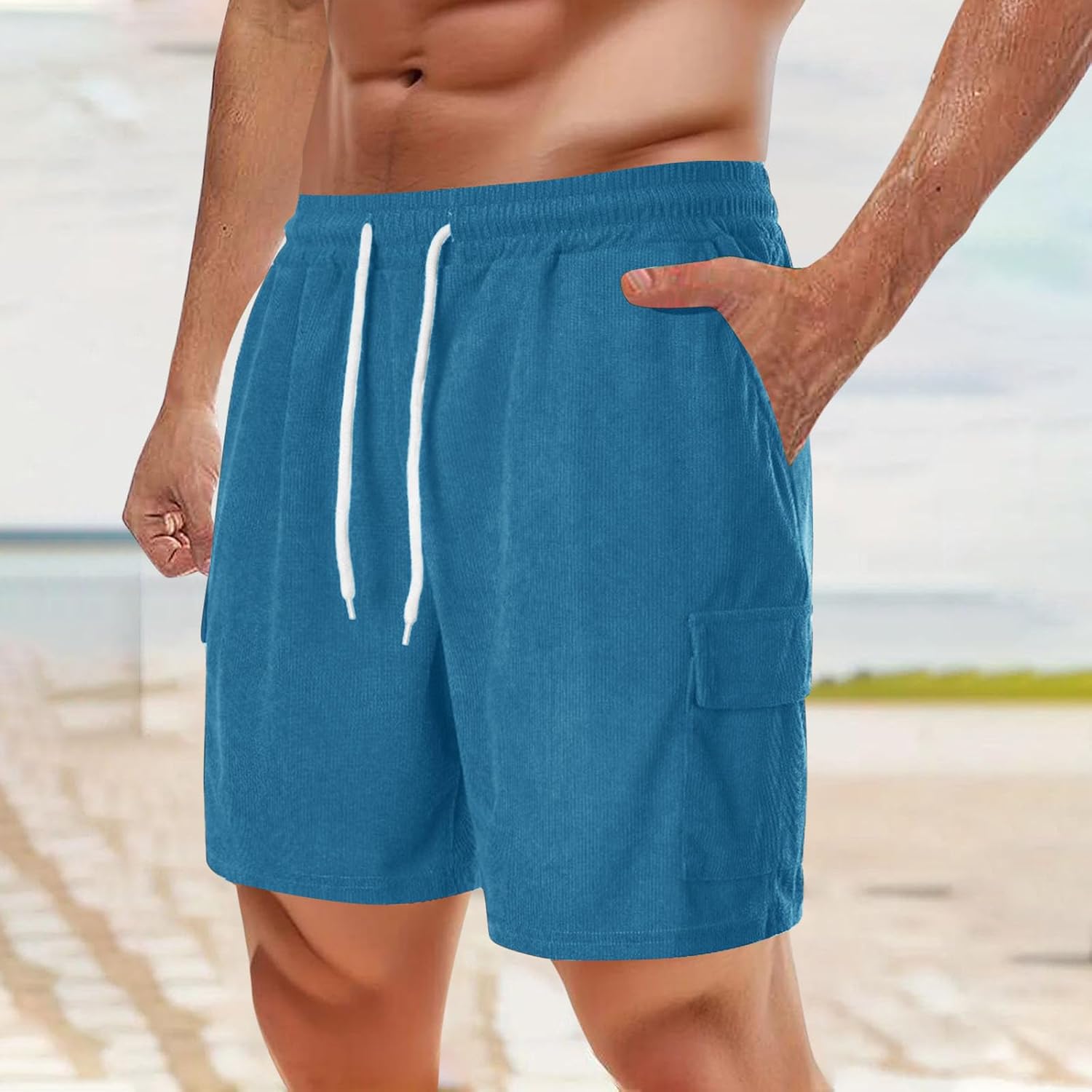 Finelylove Mens Casual Elastic Waist Cargo Shorts Durable Stylish for Summer