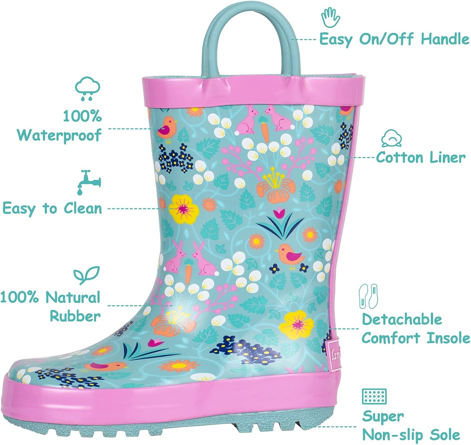 Landchief Toddler Rain Boots with Fun Patterns and Easy-On Handles