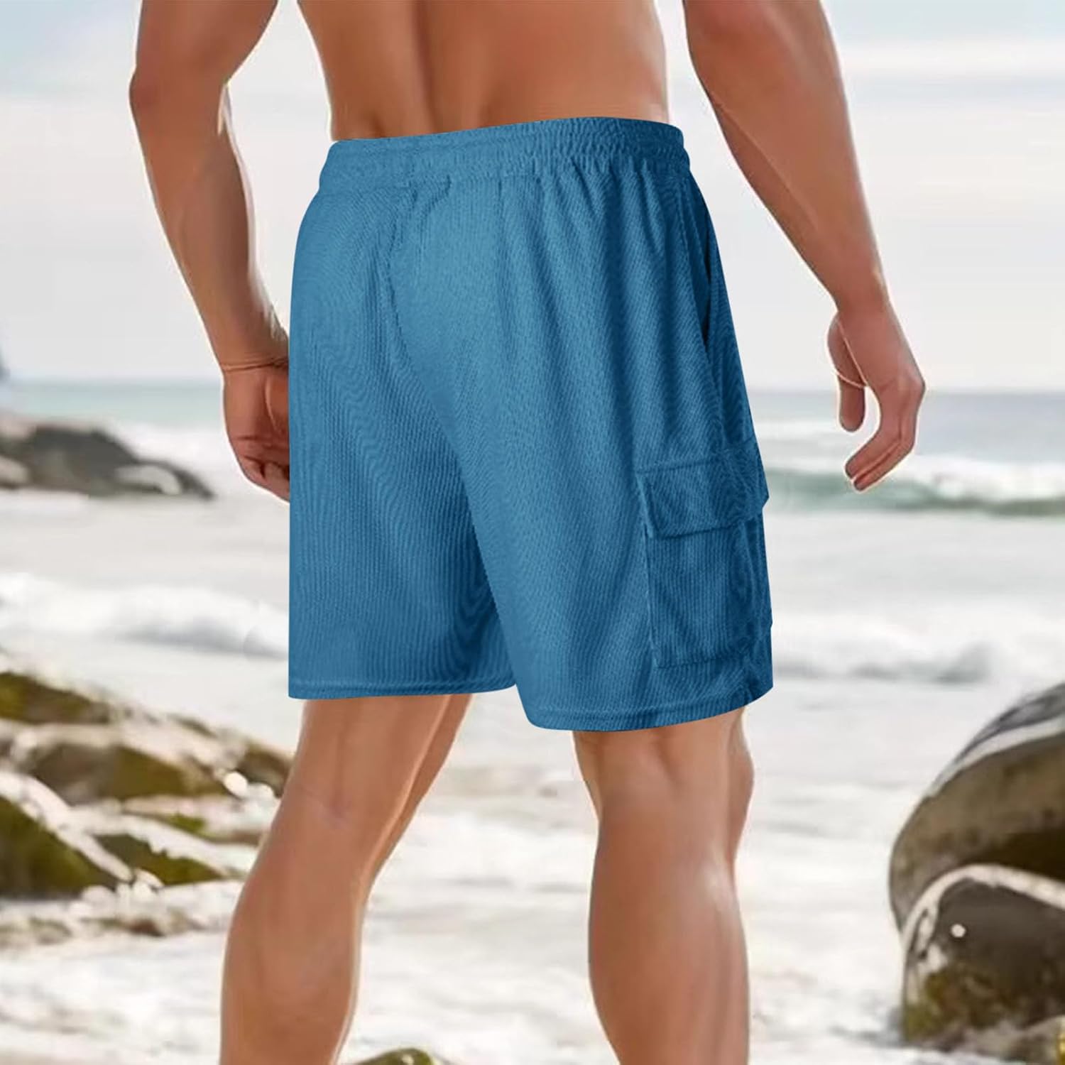 Finelylove Mens Casual Elastic Waist Cargo Shorts Durable Stylish for Summer