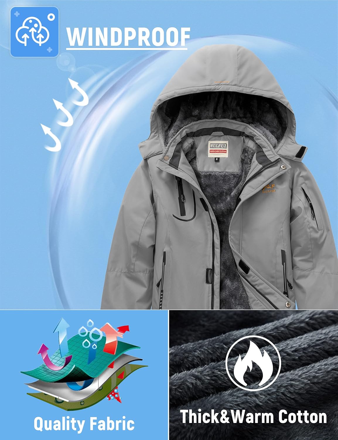 WULFUL Boys Ski Jacket - Windproof Water repellent Hiking Skiing