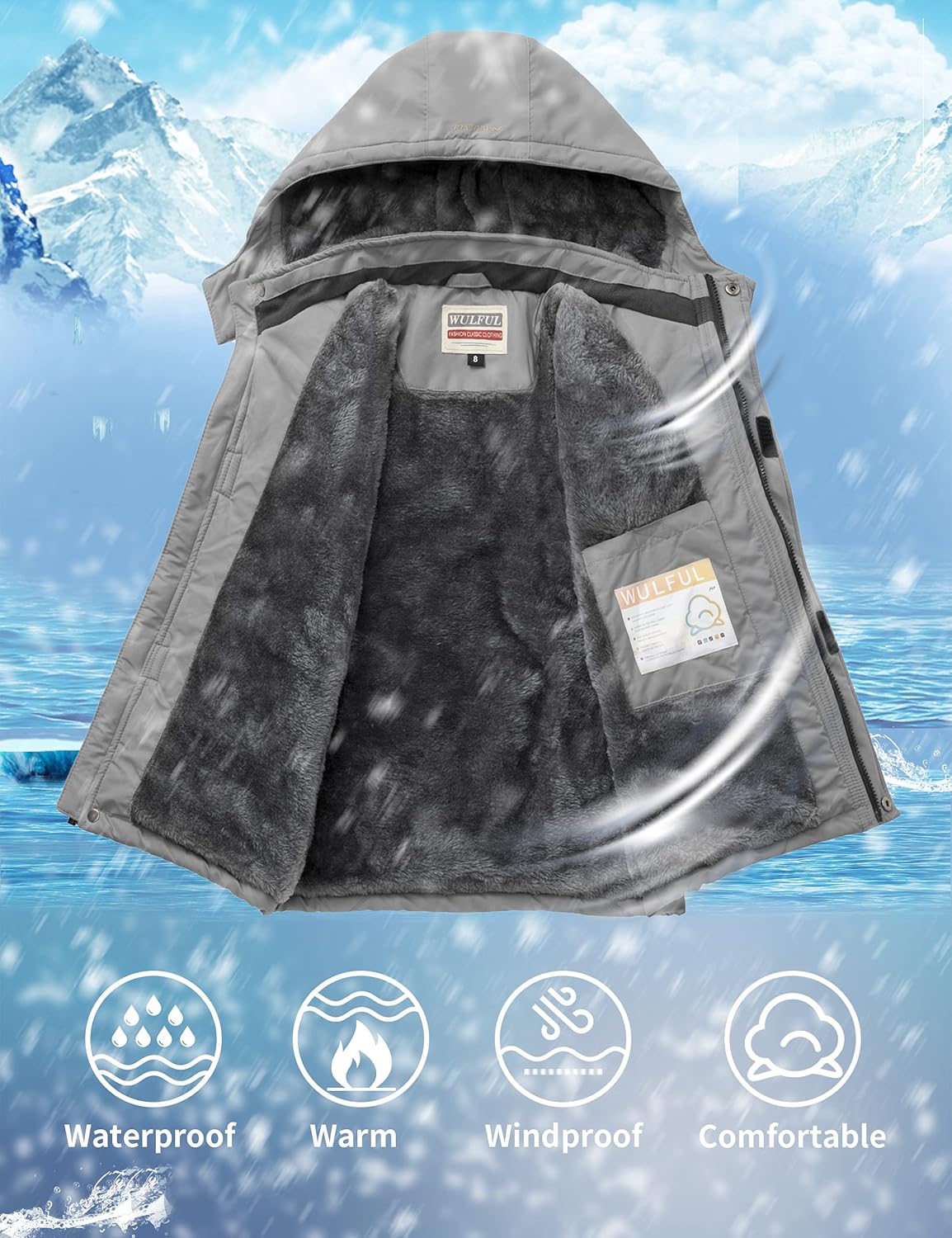 WULFUL Boys Ski Jacket - Windproof Water repellent Hiking Skiing