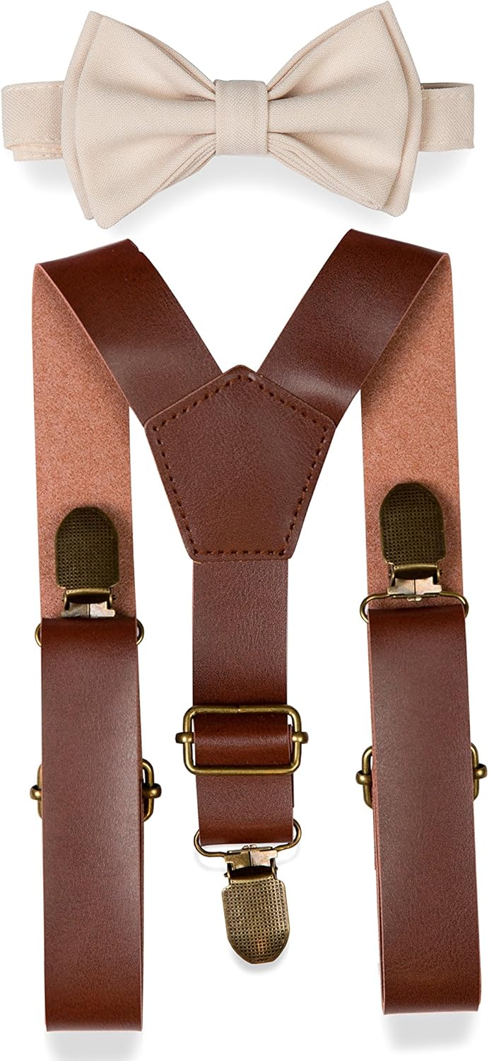 Armoniia Brown PU Leather Suspenders Bow Tie Combo