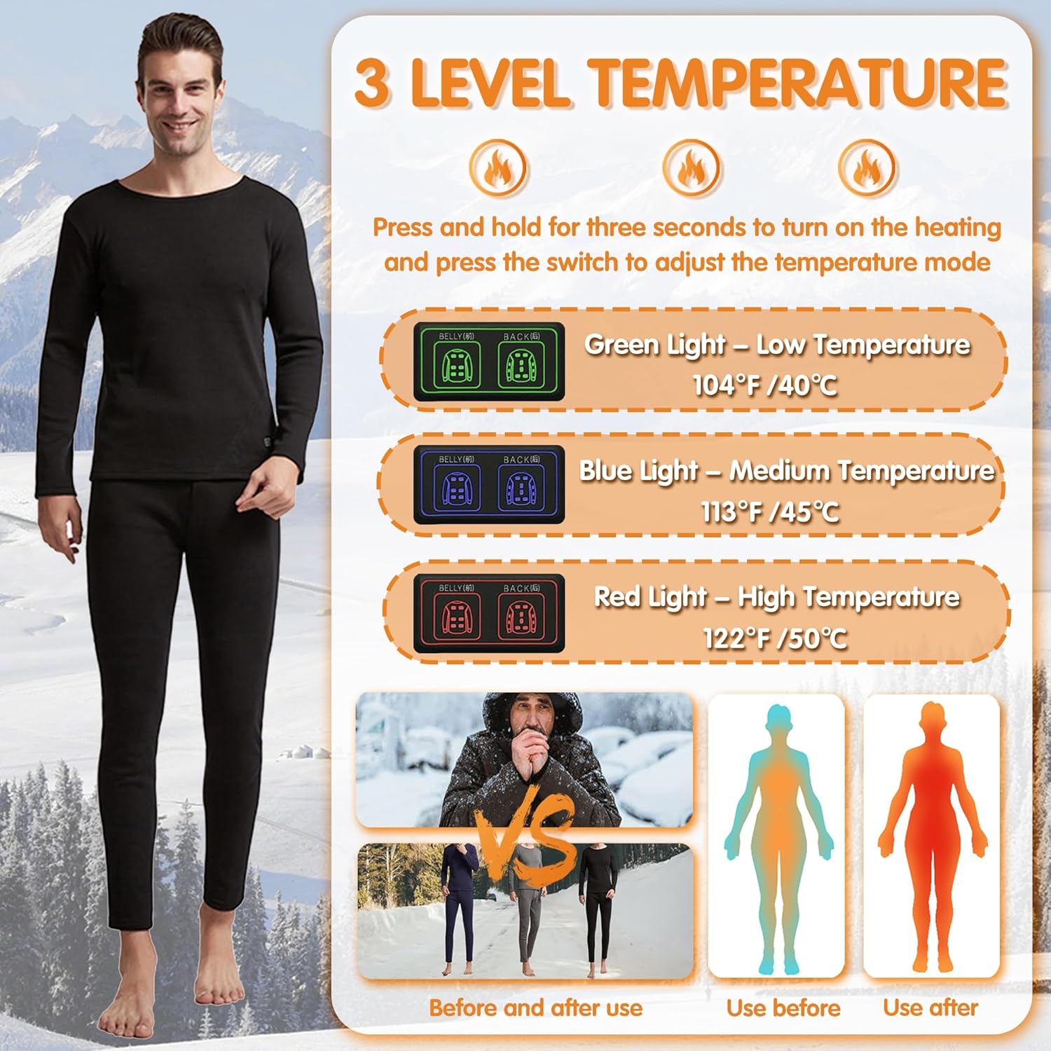 Heated thermal shirt and pants set for men
