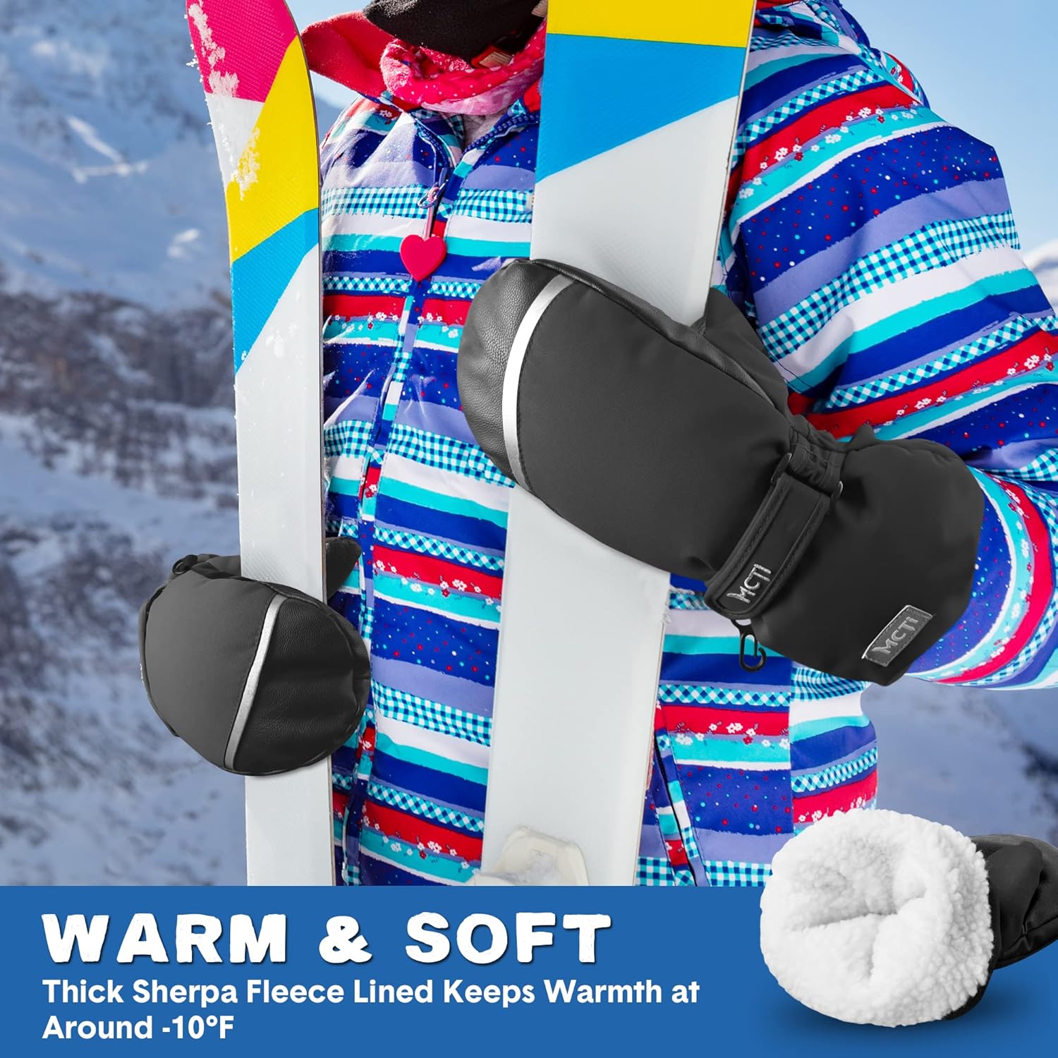 MCTi Kids Waterproof Ski Mittens with Sherpa Lining and String