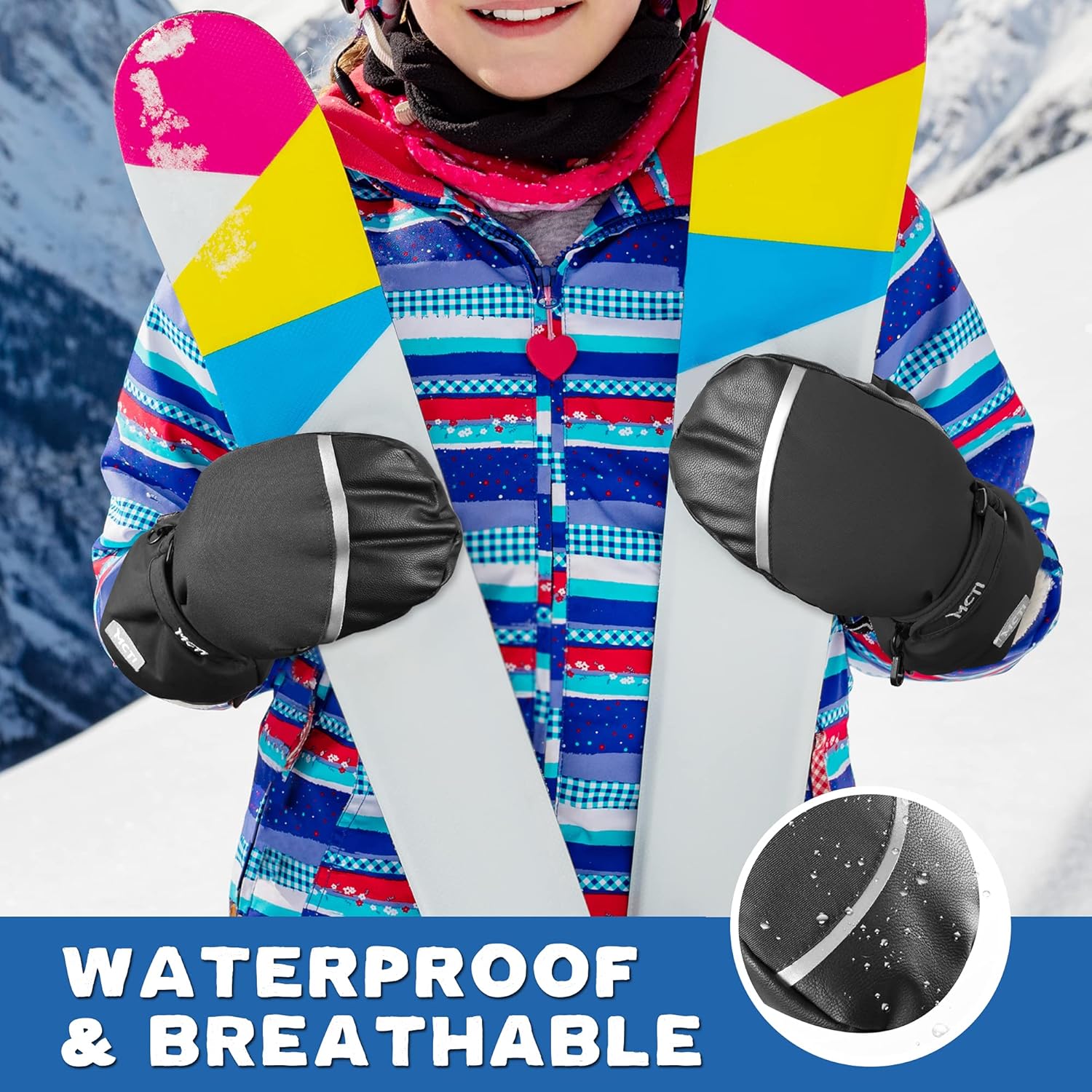 MCTi Kids Waterproof Ski Mittens with Sherpa Lining and String