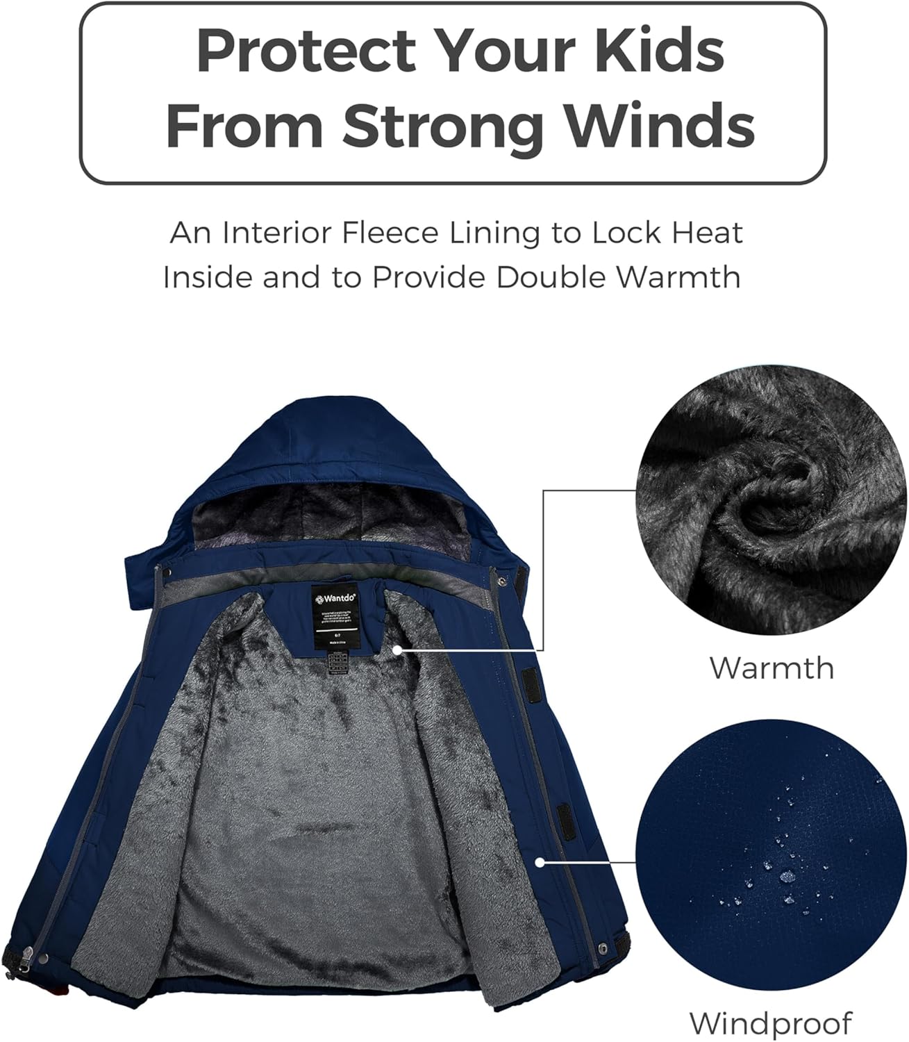 Wantdo Boys Waterproof Ski Jacket - Fleece Layer Windproof and Warm
