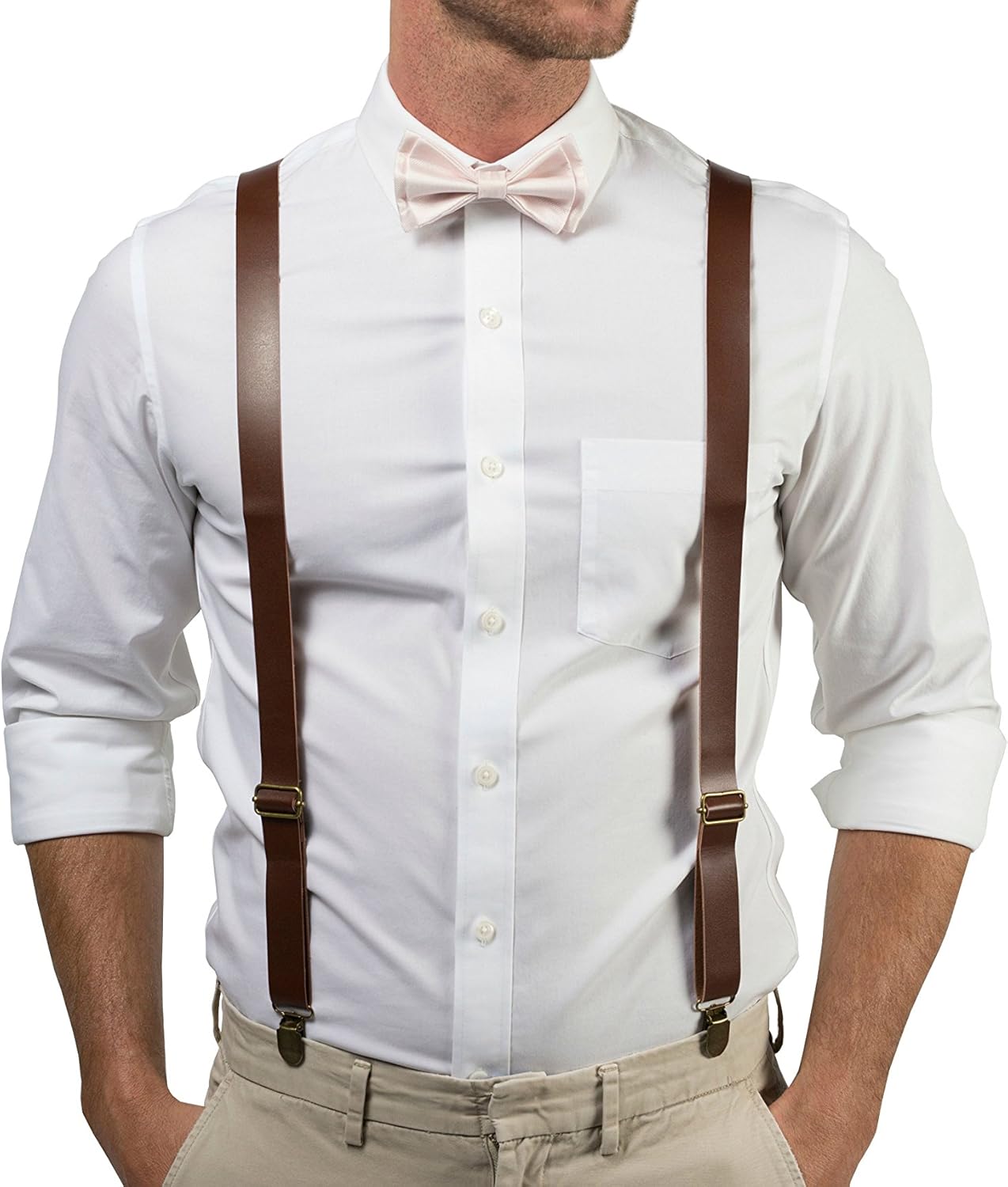 Armoniia Brown PU Leather Suspenders Bow Tie Combo