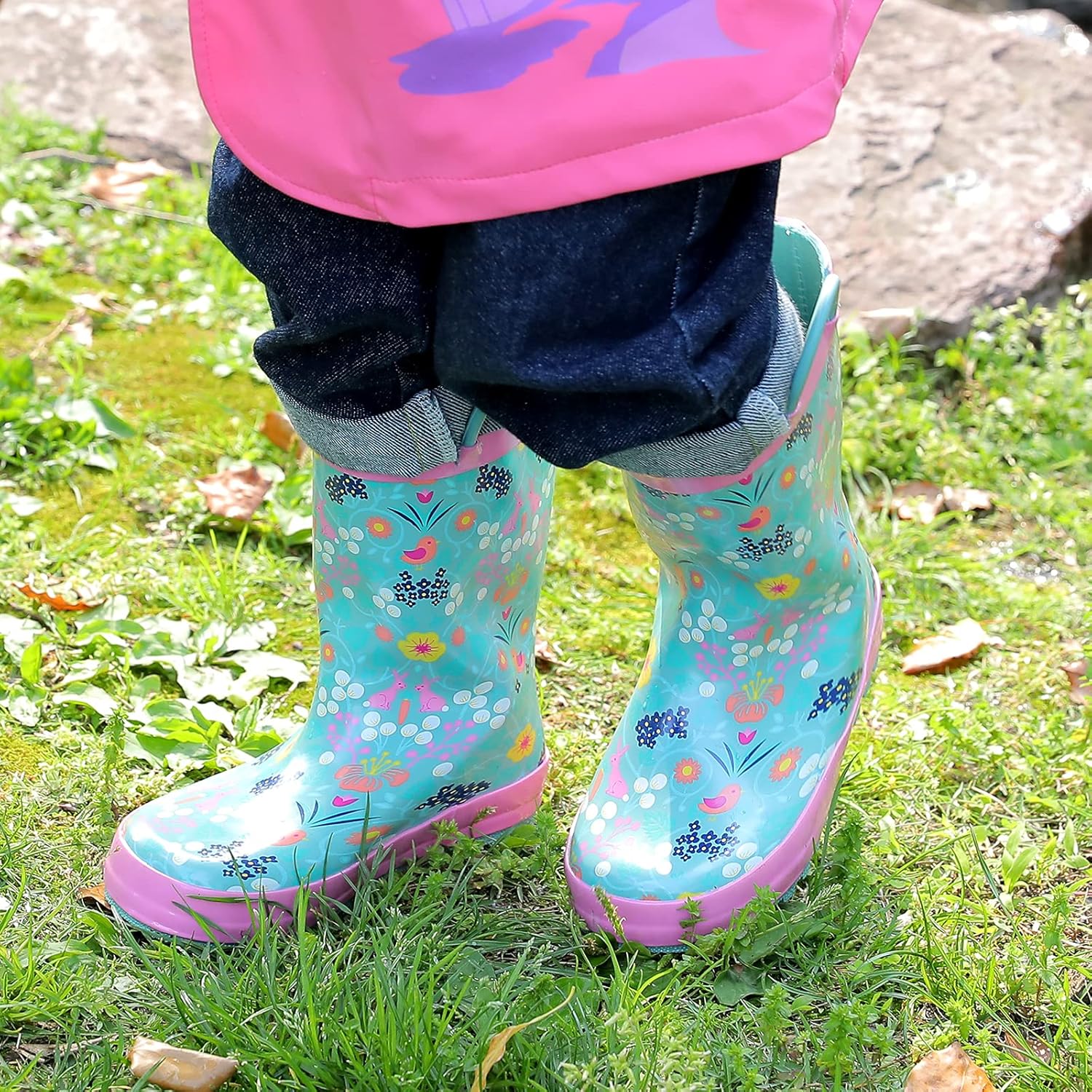 Landchief Toddler Rain Boots with Fun Patterns and Easy-On Handles