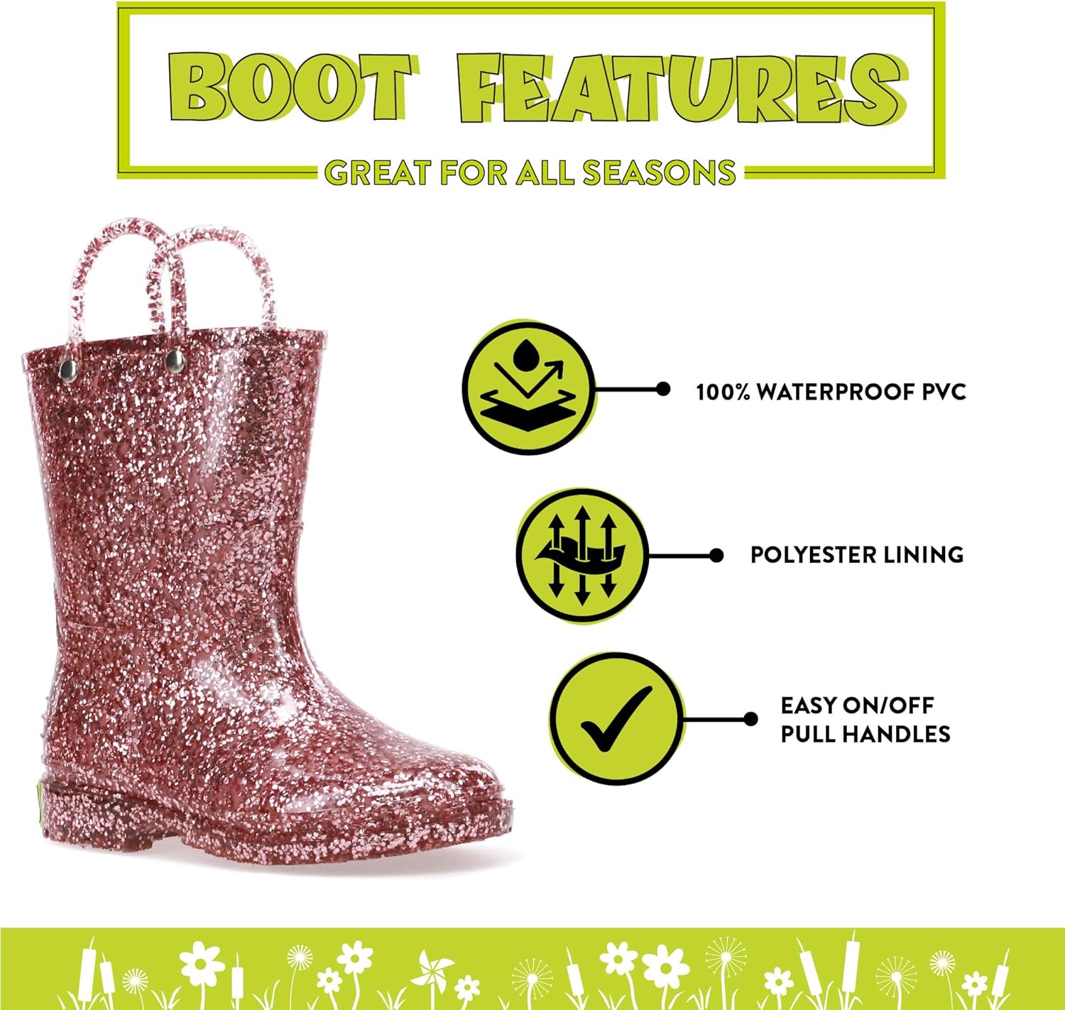 Western Chief Girls Glitter Waterproof Rain Boot with Easy Pull on Handles