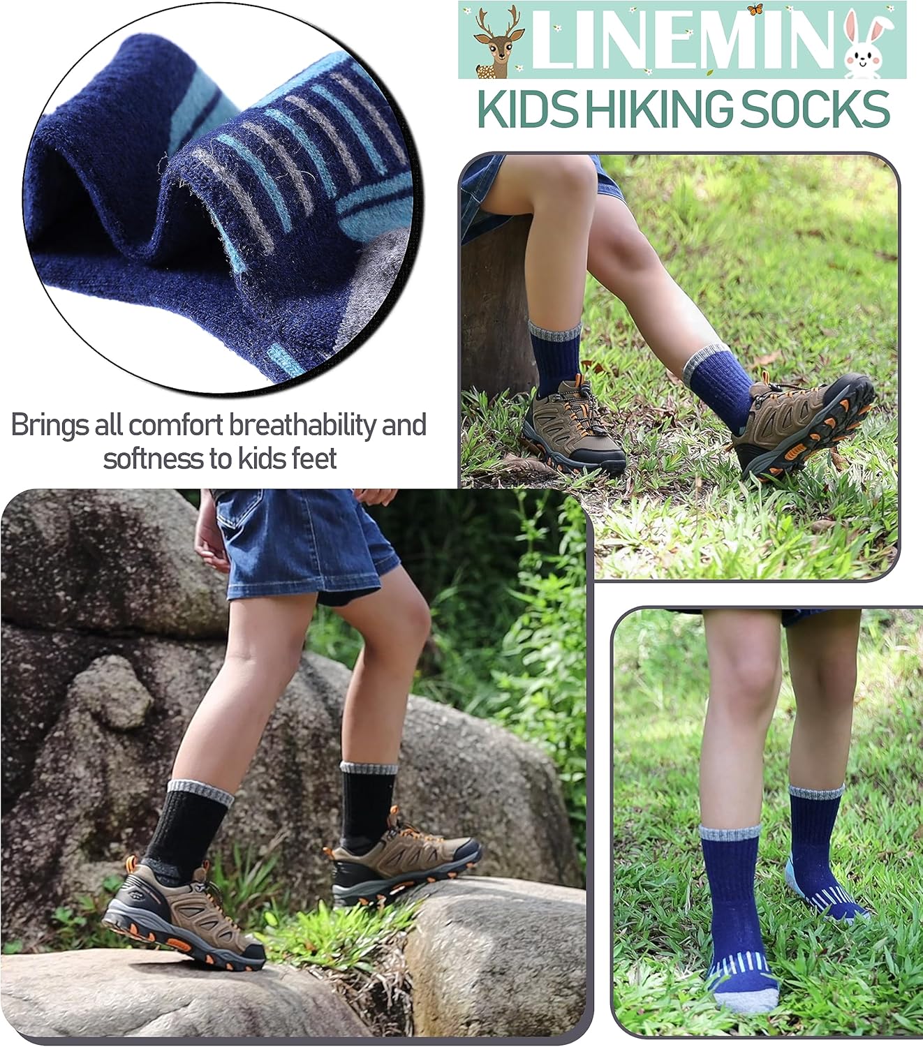 LINEMIN Kids Merino Wool Hiking Socks 6 Pairs