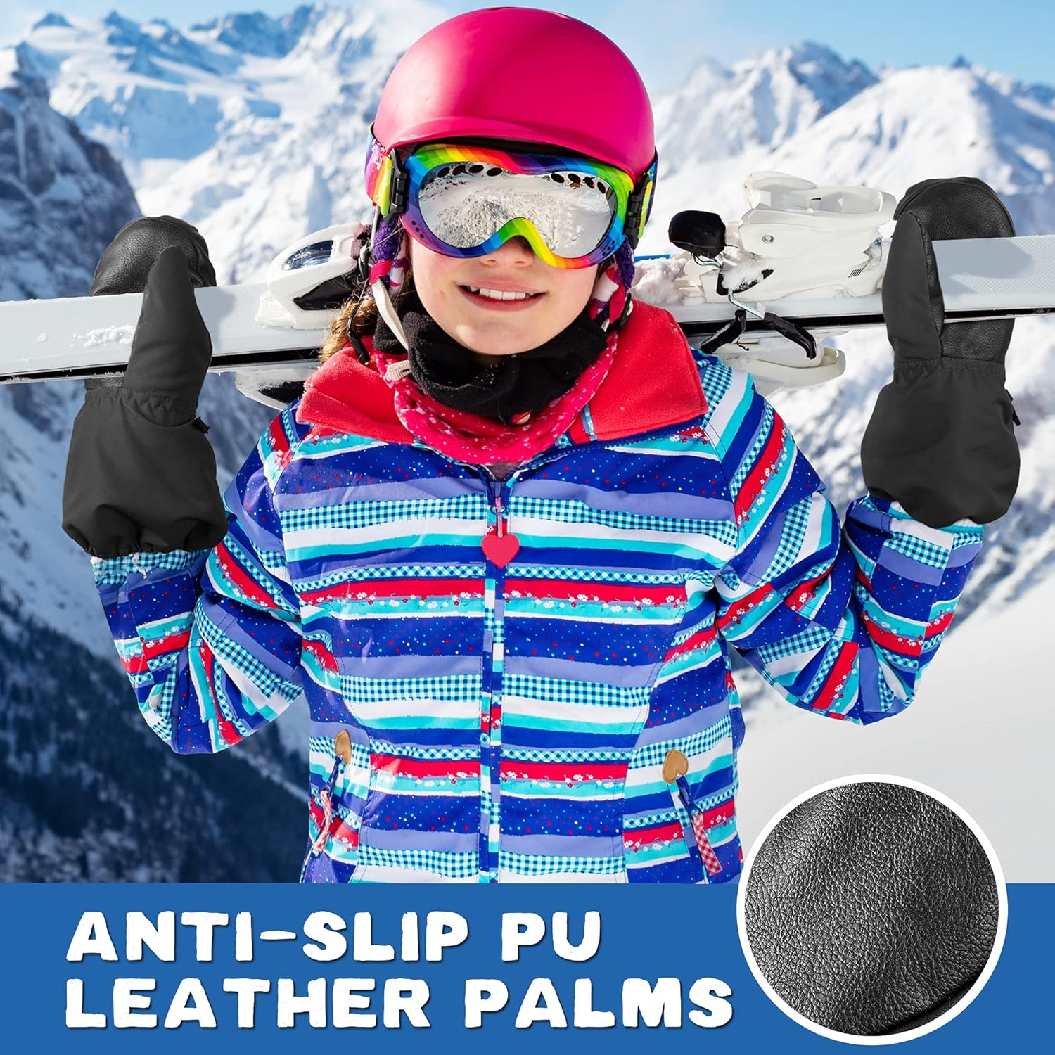 MCTi Kids Waterproof Ski Mittens with Sherpa Lining and String
