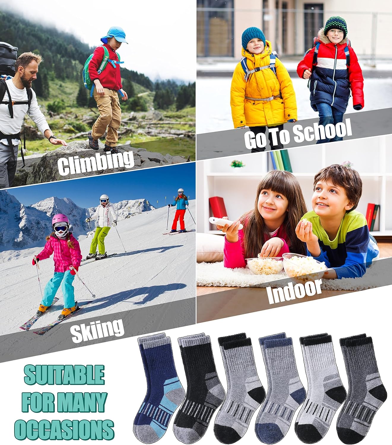 LINEMIN Kids Merino Wool Hiking Socks 6 Pairs