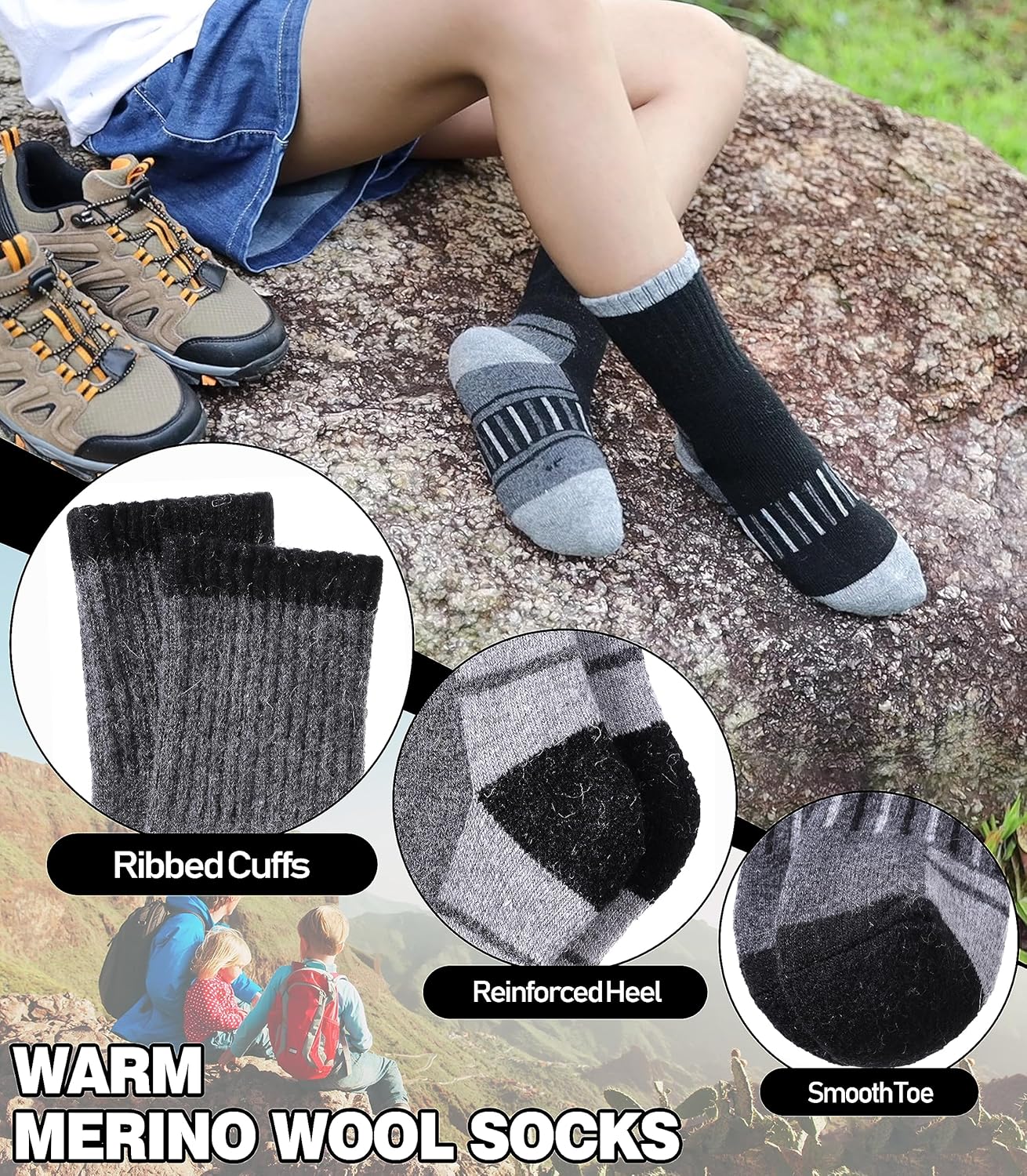 LINEMIN Kids Merino Wool Hiking Socks 6 Pairs