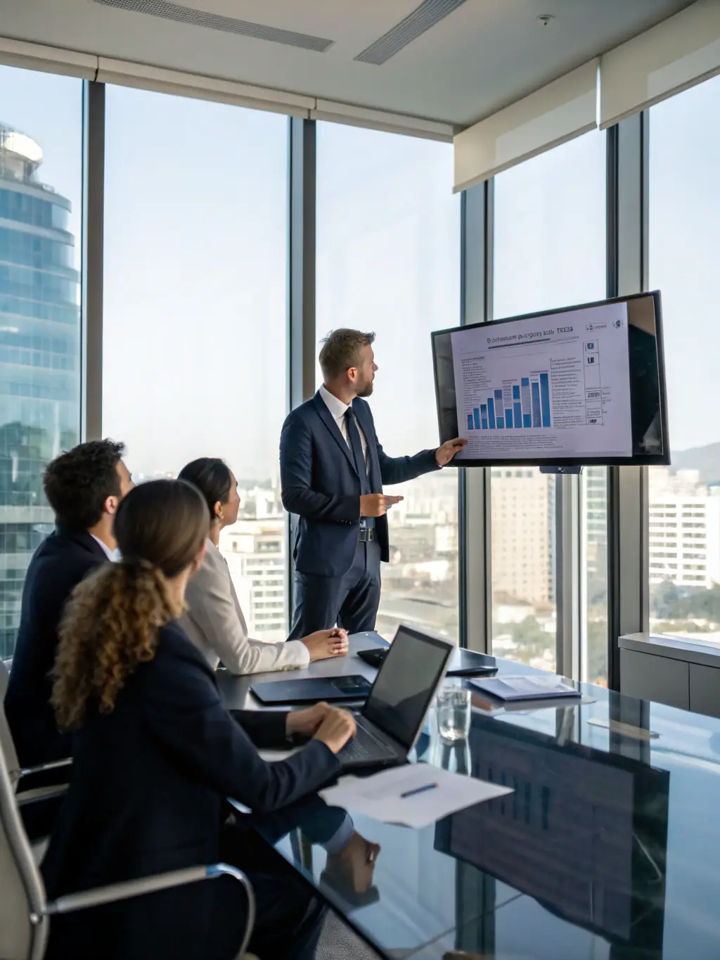 A consultant in a suit, smiling confidently while presenting a data-driven strategy on a large screen to a team of executives in a modern office setting. The scene conveys expertise and strategic planning.