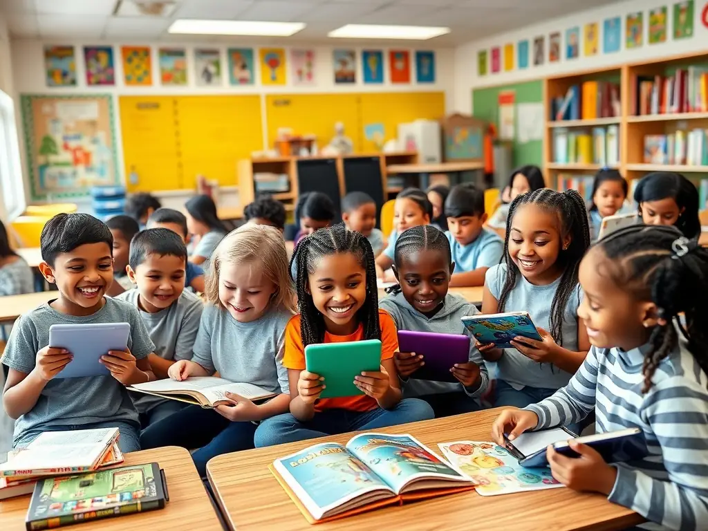 A classroom setting with students engaged in interactive learning using tablets and digital resources, representing the education sector.