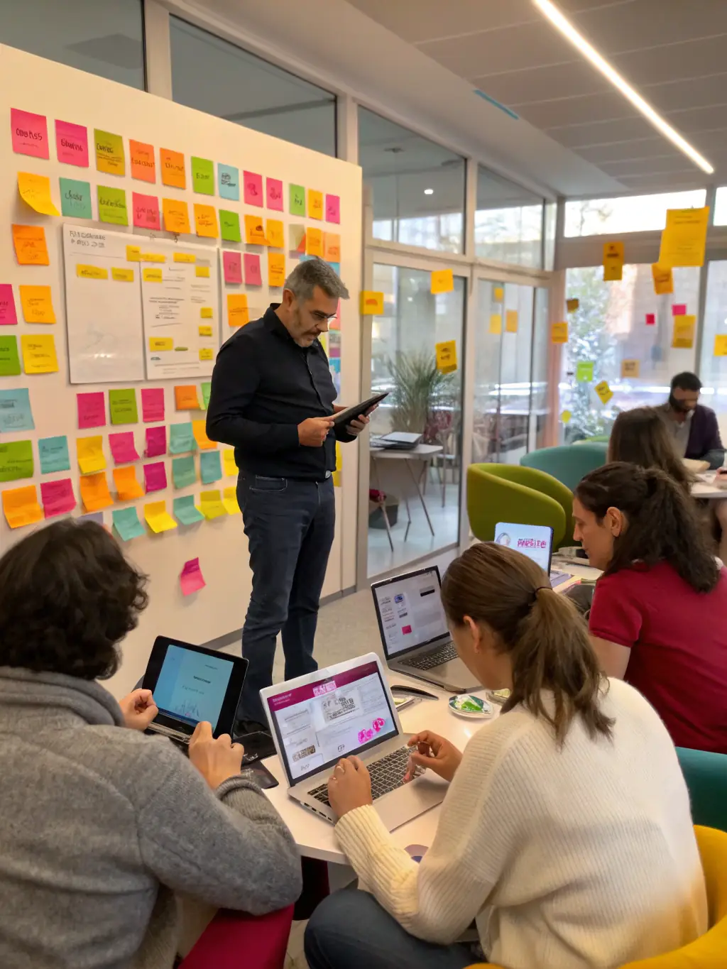 A consultant leading a workshop on digital transformation, guiding participants through interactive exercises and showcasing innovative technology solutions on a large interactive whiteboard.