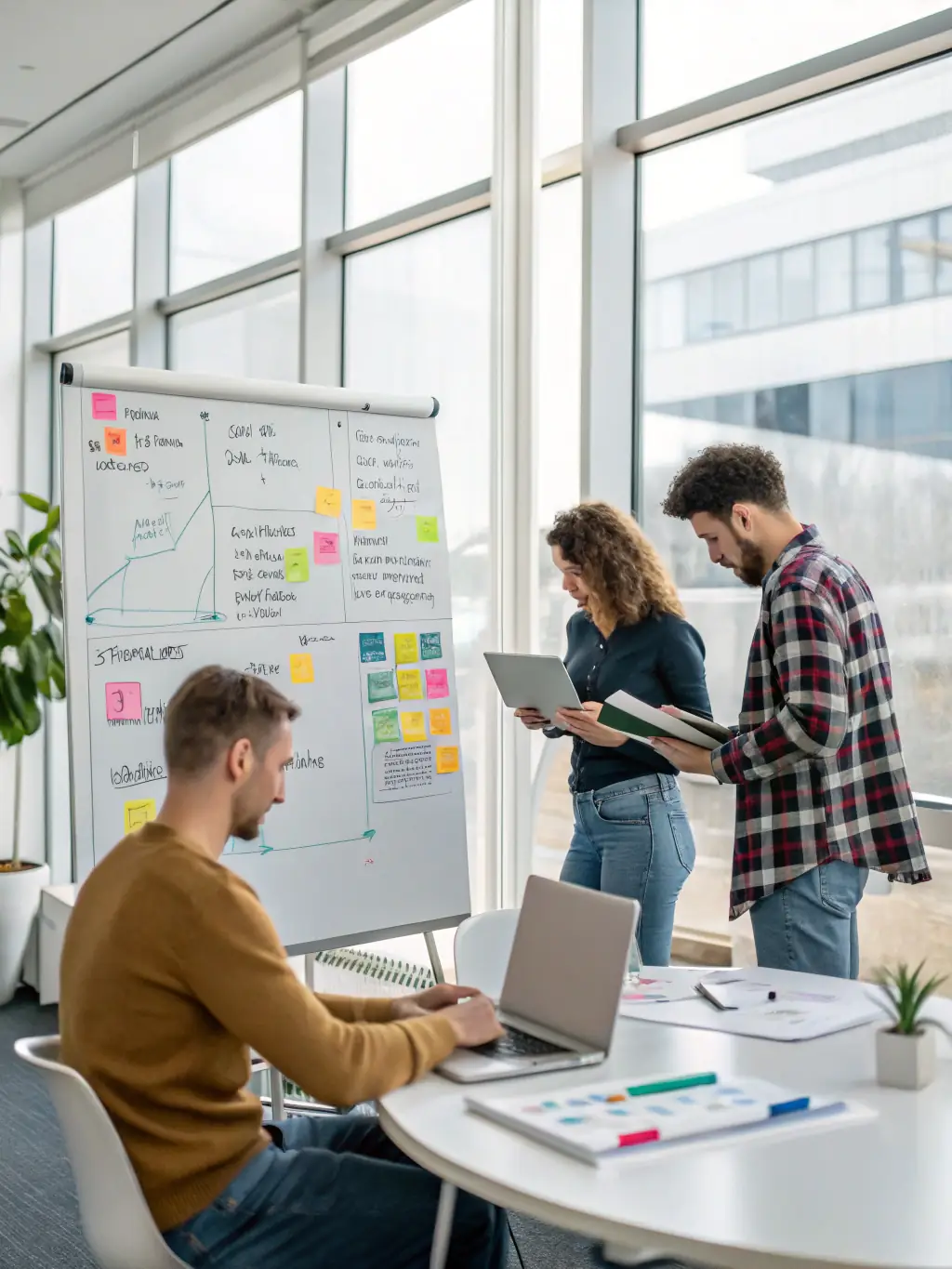 A team of consultants collaborating around a table, analyzing process flowcharts and discussing optimization strategies in a brightly lit, collaborative workspace.