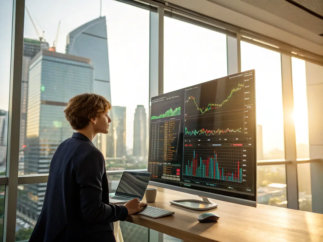 A financial analyst reviewing market data and investment strategies on multiple screens in a high-tech office environment, representing the finance industry.