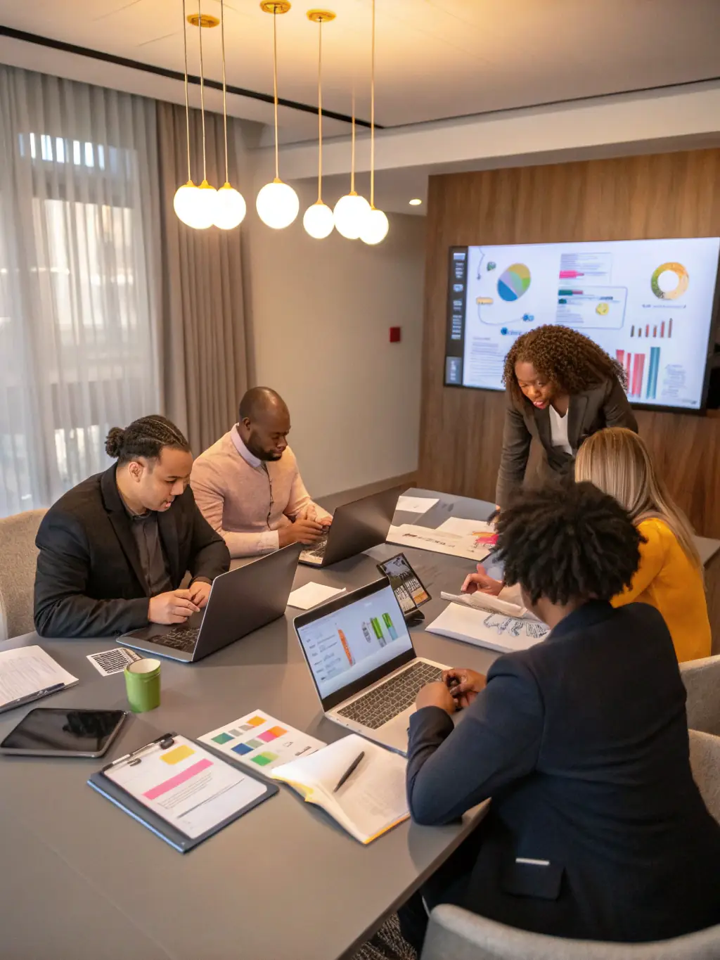 A team brainstorming ways to optimize business processes with charts and graphs, highlighting data-driven decision-making.