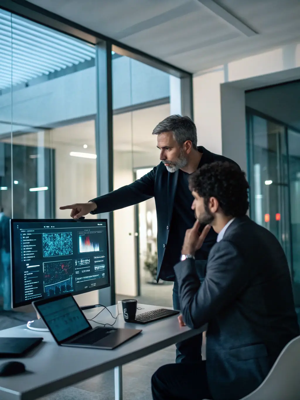 A consultant presenting cybersecurity solutions to a client, showcasing network security diagrams and threat detection tools on a holographic display.